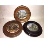 Three 19thC pot lids including Buckingham palace in good condition, The battle of the Nile (