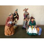 Four Royal Doulton figures. The Jester HN2016, Silk and Ribbons HN2017, Tea Time HN2255, Pied