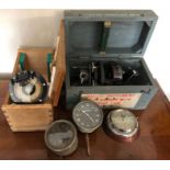Three aircraft clocks inc. Jaeger, and two hand held compasses in cases