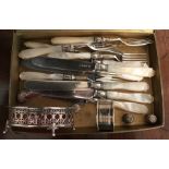 Silver dish, napkin ring, 3 thimbles and set of 6 plated cake knives and forks