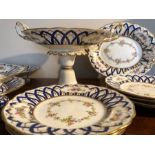 Mid 19th c part dessert service 2 comports, the oval dish and 3 plates in good order the rest staine