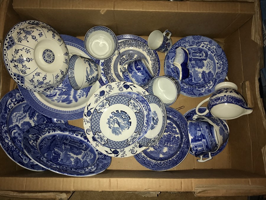 A boxed lot of blue & white ceramics including Spode, Wood and Sons etc.