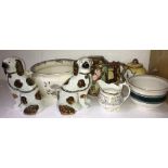 19thC ceramics including 2 potties, Staffordshire dogs, 22cms, majolica etc (8) a/f