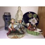 Majolica wall plaque, 30cms d, Parian figure with restoration, Stein, Capodimonte tramp and lidded