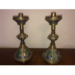 Pair gothic revival brass enamel and beaded with banded agate candlesticks