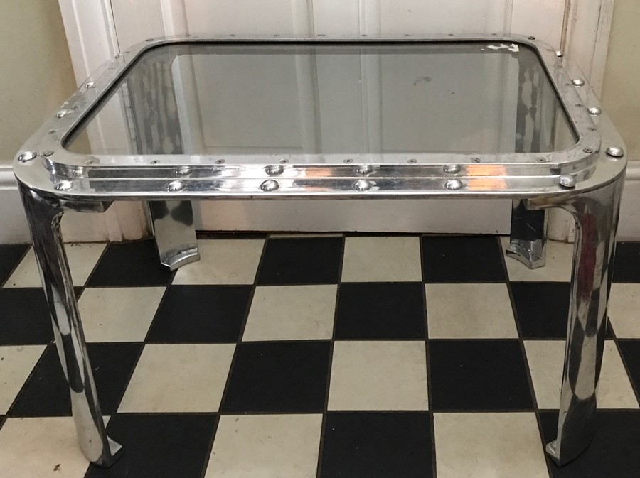 A chrome emergency hatch table - 52cms x 73cms x 42cms h
