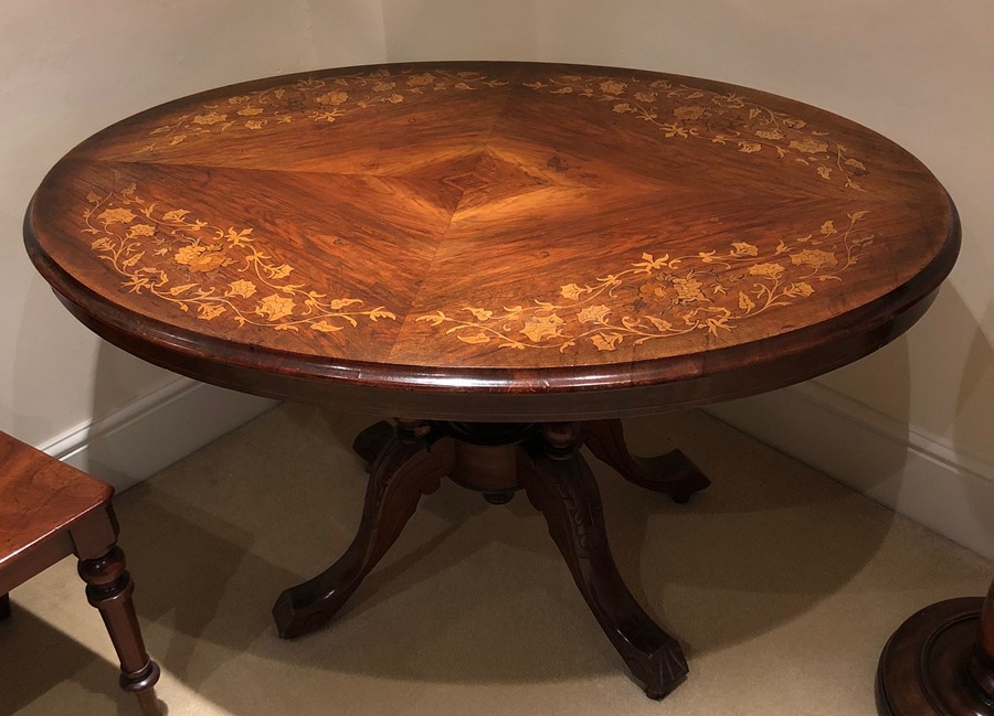 Victorian oval rosewood and inlay loo table