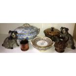 A quantity of 19thC ceramics including tureen, copper lustre ware, dogs 19cms h, mainly a/f
