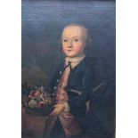 18thC portrait of a young boy with flowers and a tricorn hat.