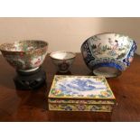 Cloissoné enamel box and bowl with small Cantonese bowl and a cup diameter enamel bowl 13cm