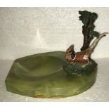 A green onyx desk tidy mounted with cold painted bronze cock and hen pheasant - 11cms h, 15cms l,