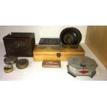 Nine various boxes including mauchline ware box, slight a/f to top,WW II aluminium box, Rowntrees
