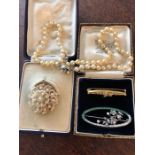 String of pearls and 3 brooches inc. 15ct and seed pearl