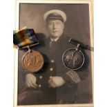 WW I two Mercantile Marine medals with 1914-18 medal for Edward Raywell with photo