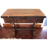 19thC rosewood foldover card table with drawer top front, red baize interior