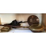 Two copper & brass warming pans with fruitwood handles, brass chestnut roaster and marmalade cutter.