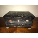 A 19thC lacquer and mother of pearl inlaid jewellery box, 17cms x 23cms.