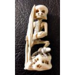 Japanese ivory 19thC okimono of a skeleton and a rat 6.5 cms high
