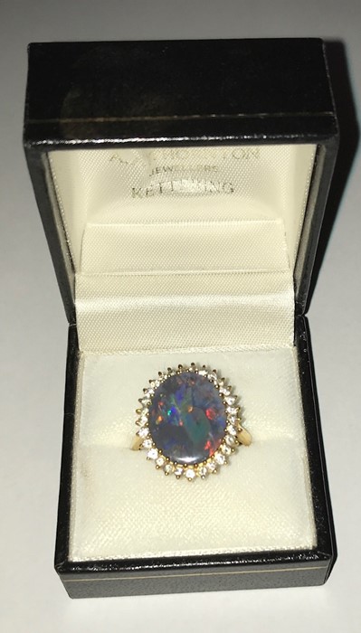 Black opal and diamond cluster ring set in 18ct yellow gold, opal 15mms x - Image 2 of 3