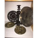 Metalware to include German iron candlestick, 32cms h, trivet, plated tray etc.