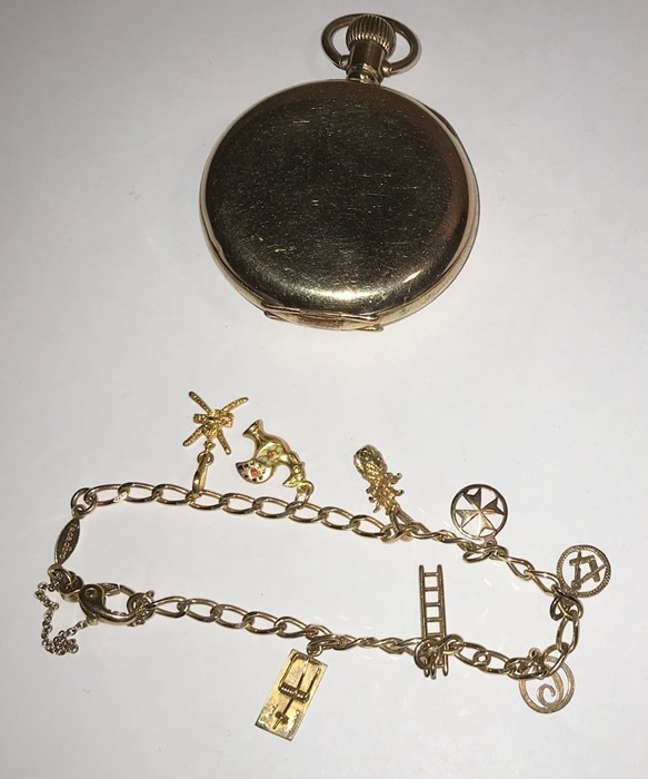 A 14 ct gold charm bracelet and charms, 12.8gms together with yellow metal pocket watch. - Image 2 of 2