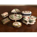 Six small porcelain boxes and a Dresden oyster shaped dish inc. Capodimonte
