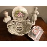 Selection ceramics predominately white inc. inkwell, lattice basket etc.