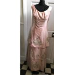 Vintage pink satin evening dress with lace and bead work appliqué.