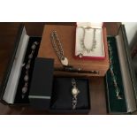 Vintage jewellery box and costume jewellery including silver and marcasite ladies dress watch,