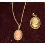 Coral pendant mount in 9ct gold on 9ct chain together with cameo pendant mounted in 9ct gold.