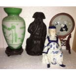 Pekin glass vase and stand, carved wooden Chinese figure screen and KPM Mandarin 23cms h.