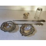 Six silver items including 2 pin trays, silver topped jar etc.