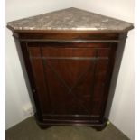 A corner cabinet with marble top - 95cms h, 70cms w, 42cms d - repair to back of marble