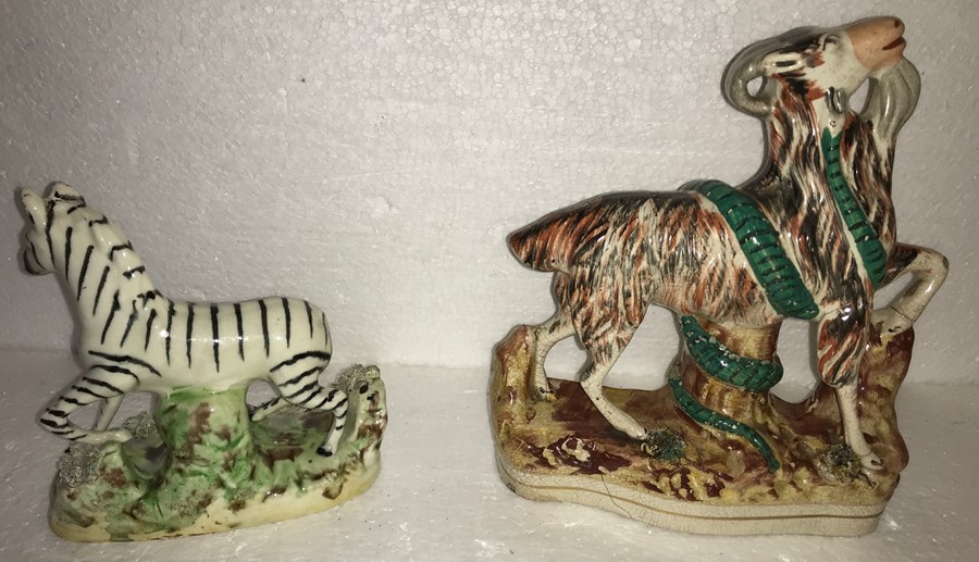 Two Staffordshire figures, goat being eaten by a snake and Parr and Kent 1920's Zebra, both a/f. - Image 2 of 2