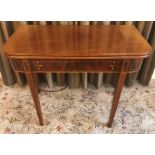 19thC mahogany foldover tea table on square tapered legs with string inlay