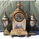 Fine quality French clock garniture with hand painted enamel panels, clock gilding restored.