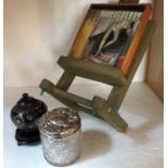 Silver topped jar, Cloisoné jar on stand and miniature painting on easel.