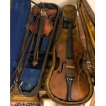 Two vintage violins both with 2 bows in cases
