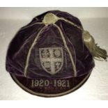 A purple velvet sporting honours cap for 1920/21 made by Ede & Ravenscroft of London. Slight a/f