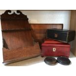 Miscellany to include oak spoon rack, two jewellery boxes, a tray and 2 stands. (6)