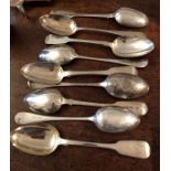 Nine various silver tablespoons