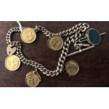 Good 9ct gold watch chain with 3 sovereigns and 2 half sovereigns and agate watch key