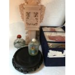 Chinese items including rose quartz jar in box, soapstone ornament - 33cms, two interior painted