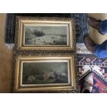 A pair of 19thC oil on canvas water lilies in original gilded frames - 20cms x 47cms