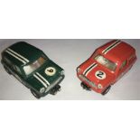 Two vintage Scalextric electric model racing cars, Austin Mini Coopers, no 6 and 2 in good