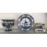 Three pieces of Delft pottery with chips to vase