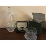Boxed cut glass salts/decanter and bottle stand (Harrods)