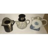 Four novelty J&G art pottery teapots, flowers damaged to one