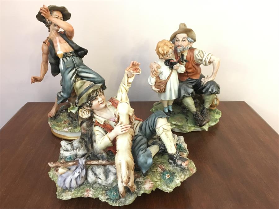 Three Capodimonte figures, all good condition apart from damage to fishing rod