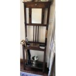 Oak hall stand with mirror and glove box - 61 w x 183 h x 26cms d - 2 hooks damaged